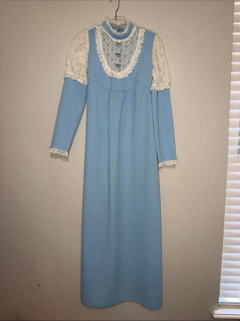 Vintage 1970s Dolly' Light Blue Floral Maxi Dress with High Collar Lace Yoke